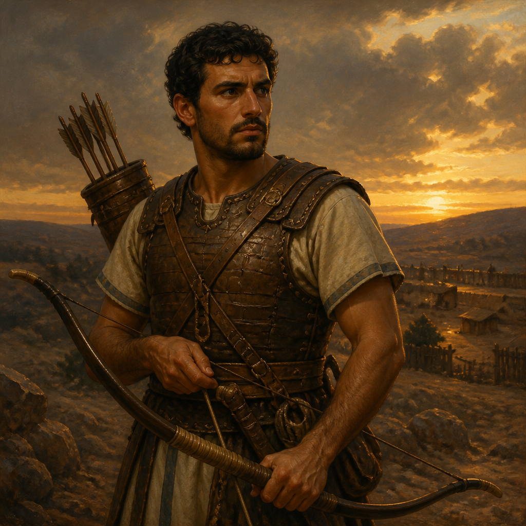 Oil-painting style portrait of Johanan, Benjamite Warrior of the Divided Monarchy, Benjamite warrior and archer who joined David at Ziklag