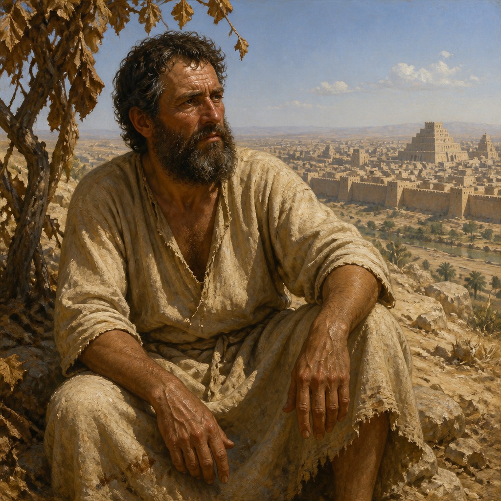 Oil-painting style portrait of Jonah, Prophet who was swallowed by a great fish after fleeing God's command to preach to Nineveh