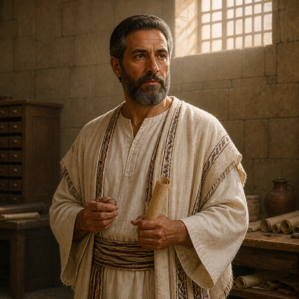 Oil-painting style portrait of Joram, Levite of the Divided Monarchy, Levite descendant of Moses whose family managed the Temple treasuries