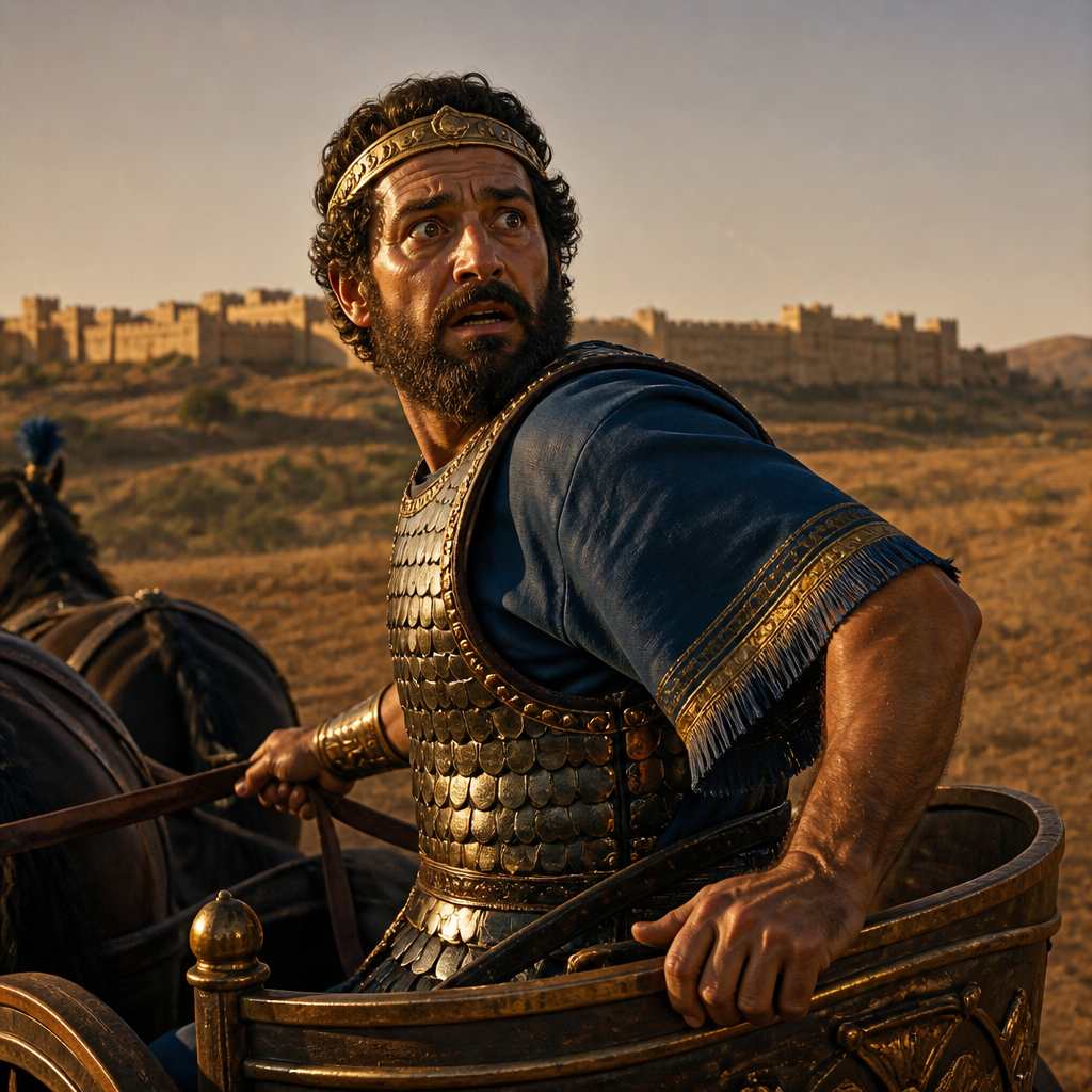 Oil-painting style portrait of Joram, Son of Ahab and King of Israel, King of Israel who was killed by Jehu at Naboth's vineyard
