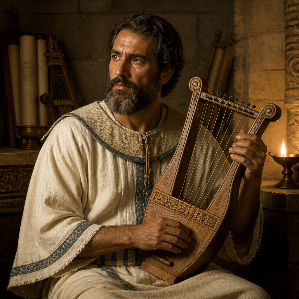 Oil-painting style portrait of Joshbekashah, Levite musician who led the seventeenth division of singers in the sanctuary service