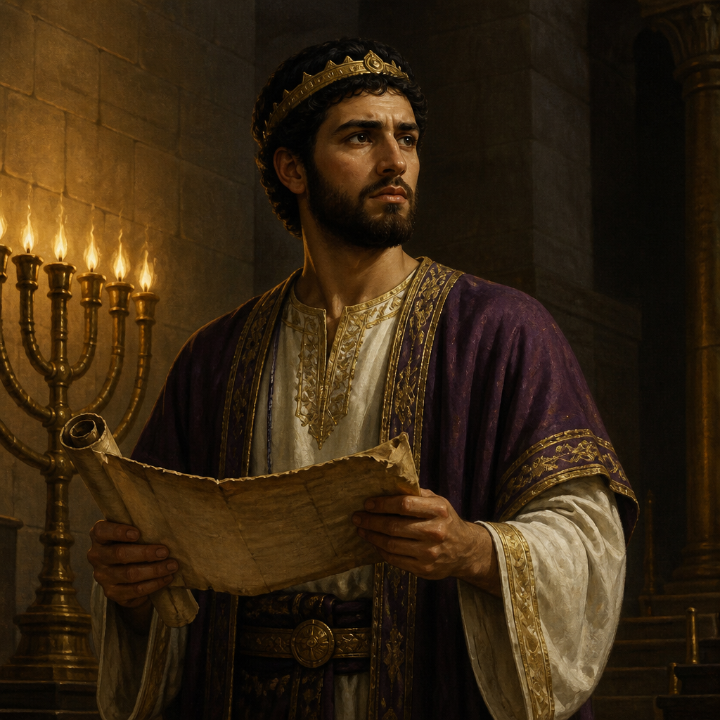 Oil-painting style portrait of Josiah, King of Judah, King of Judah who instituted religious reforms after finding the Book of the Law