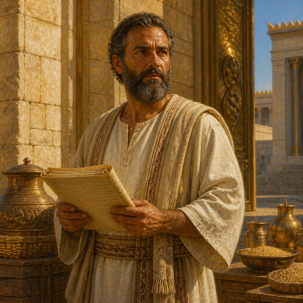 Oil-painting style portrait of Kore, Levite of the Divided Monarchy, Levite gatekeeper who managed the freewill offerings under King Hezekiah
