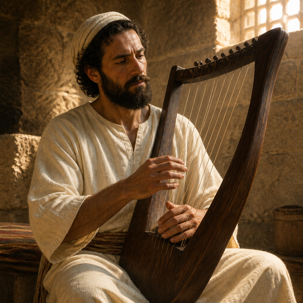 Oil-painting style portrait of Maaseiah, Musician of the Divided Monarchy, Levite musician who played the harp according to Alamoth during the Ark's procession