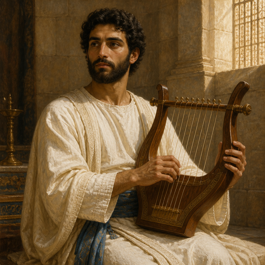 Oil-painting style portrait of Mahazioth, Levite musician who led the twenty-third division of singers in the Temple