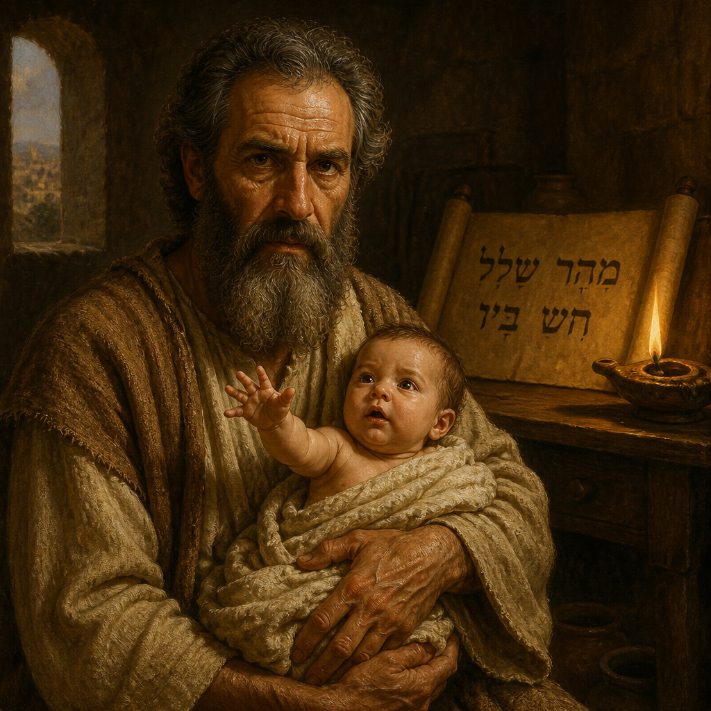 Oil-painting style portrait of Maher-shalal-hash-baz, Son of Isaiah with the longest name in the Bible