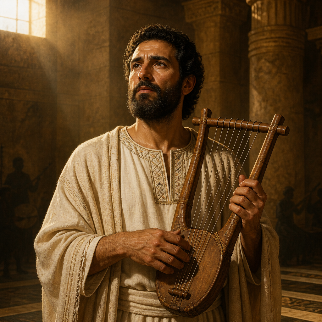 Oil-painting style portrait of Mallothi, Levite musician who led the nineteenth division of sanctuary singers
