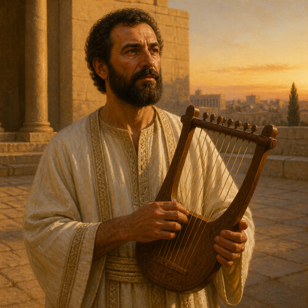 Oil-painting style portrait of Mattaniah, Son of Heman the Singer, Levite musician who led the ninth division of sanctuary singers under King David