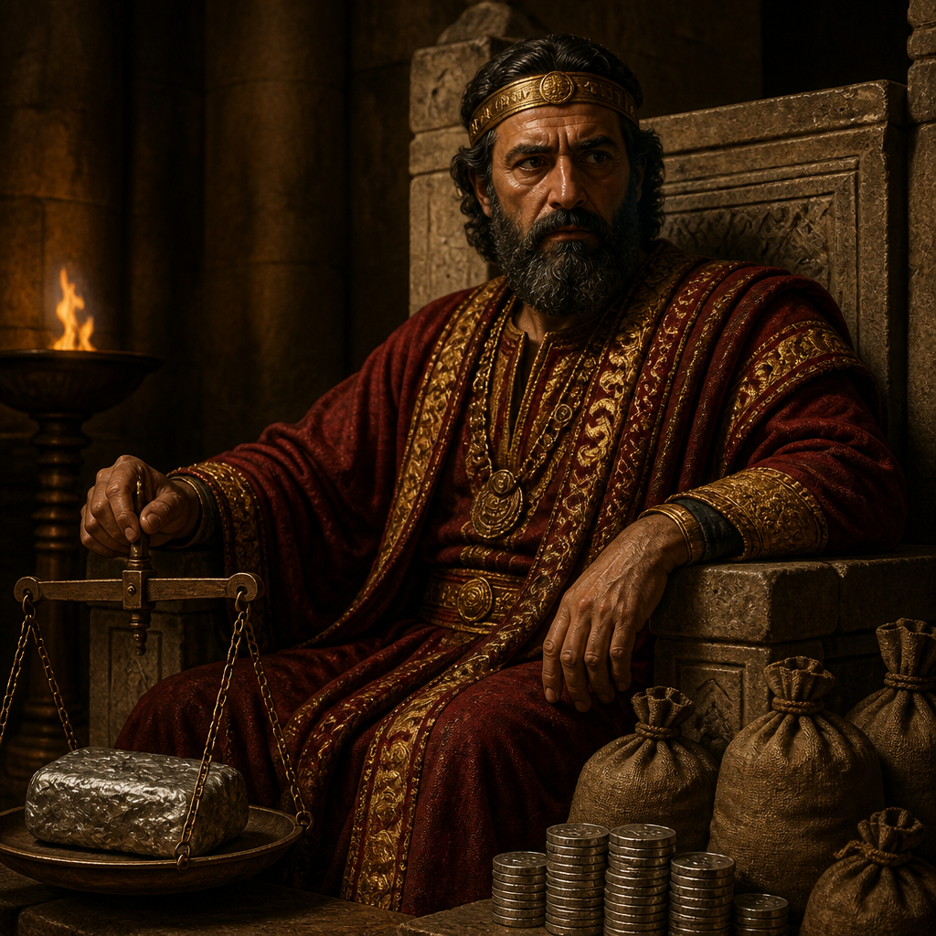 Oil-painting style portrait of Menahem, King of Israel who paid tribute to Assyria and committed atrocities at Tiphsah