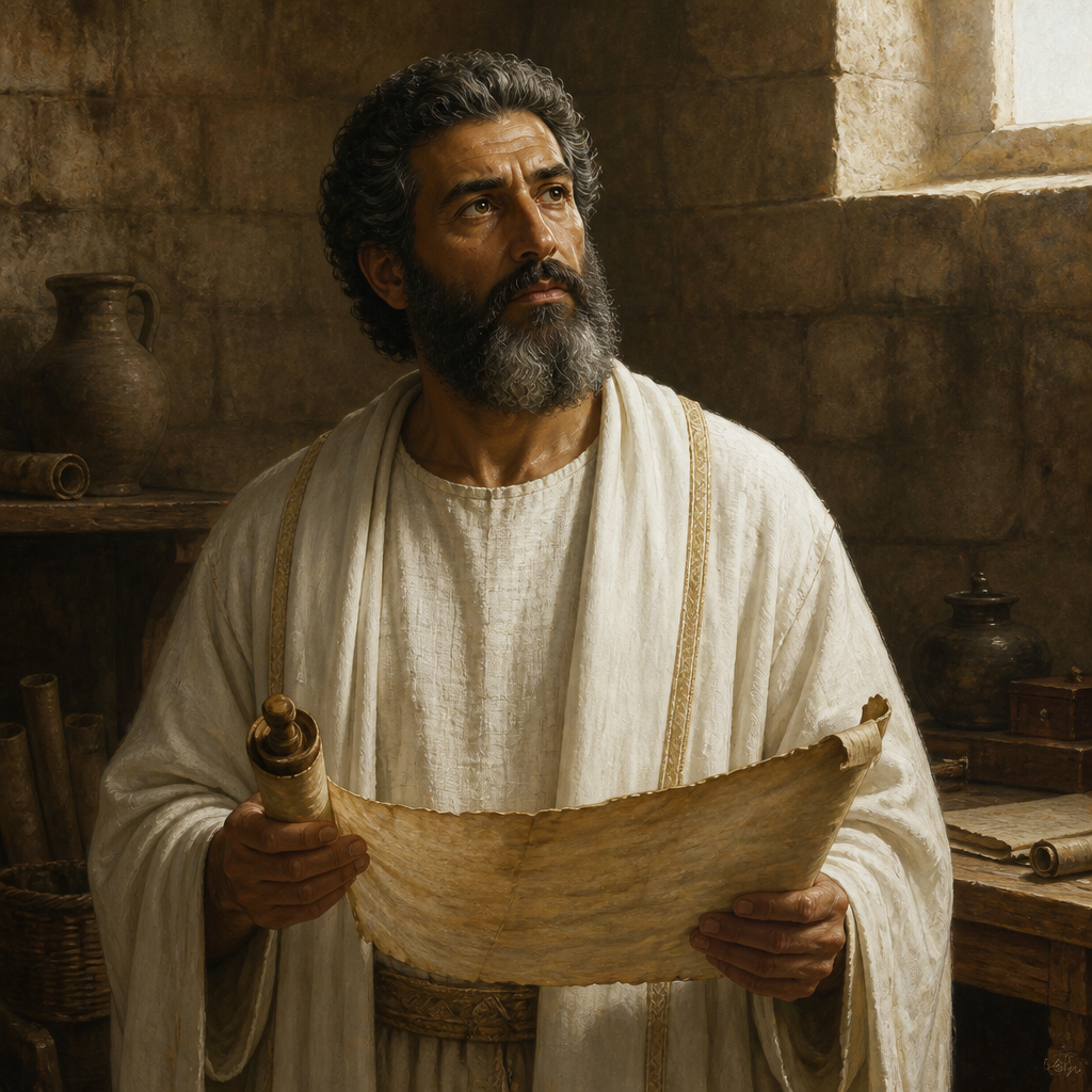 Oil-painting style portrait of Meraioth, Priest in the line of Eleazar who appears in the high-priestly genealogies of 1 Chronicles, Ezra, and Nehemiah
