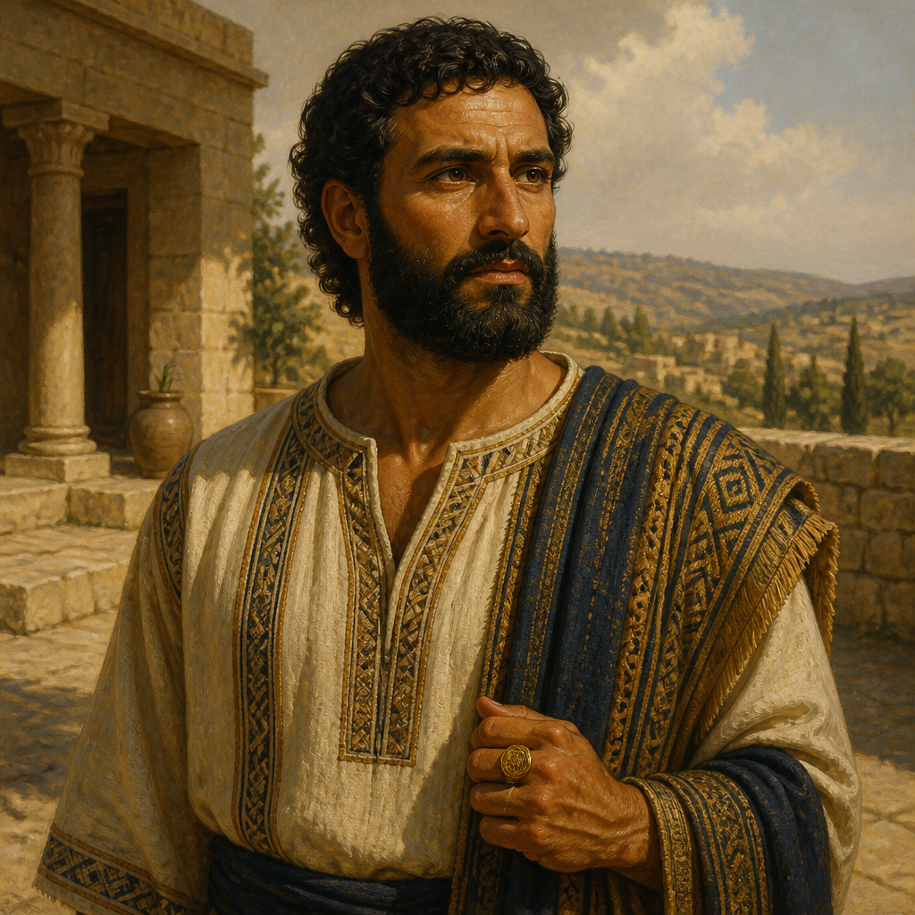 Oil-painting style portrait of Mered, Judean man who married Bithiah the daughter of Pharaoh