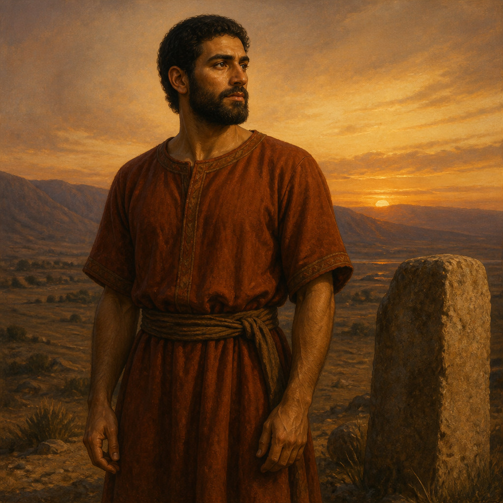 Oil-painting style portrait of Mesha, Son of Shaharaim, Benjamite leader born in Moab and son of Shaharaim