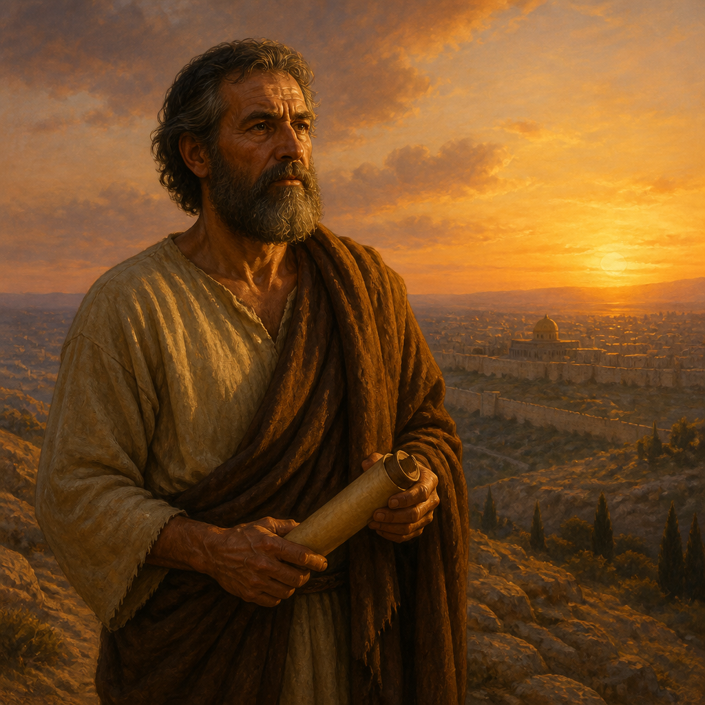 Oil-painting style portrait of Micah the Moreshite, Prophet who predicted the destruction of Jerusalem and the Temple during the reign of Hezekiah