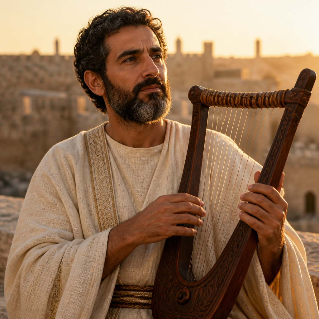 Oil-painting style portrait of Mikneiah, Levite musician who played the lyre during the transport of the Ark of the Covenant