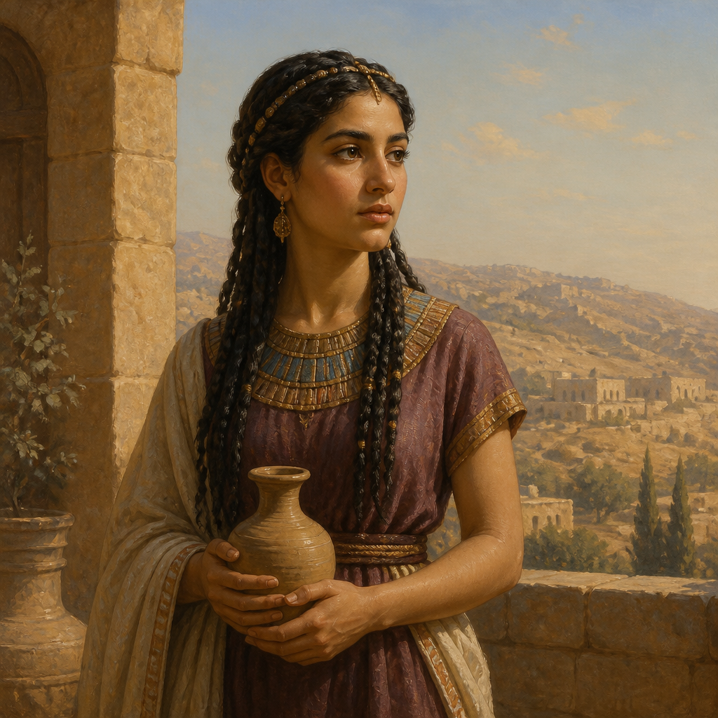 Oil-painting style portrait of Miriam, Daughter of Mered, Daughter of Mered and Bithiah in the Tribe of Judah
