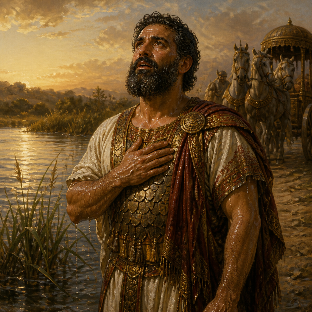 Oil-painting style portrait of Naaman, Commander of the Army of Syria, Syrian commander healed of leprosy in the Jordan River