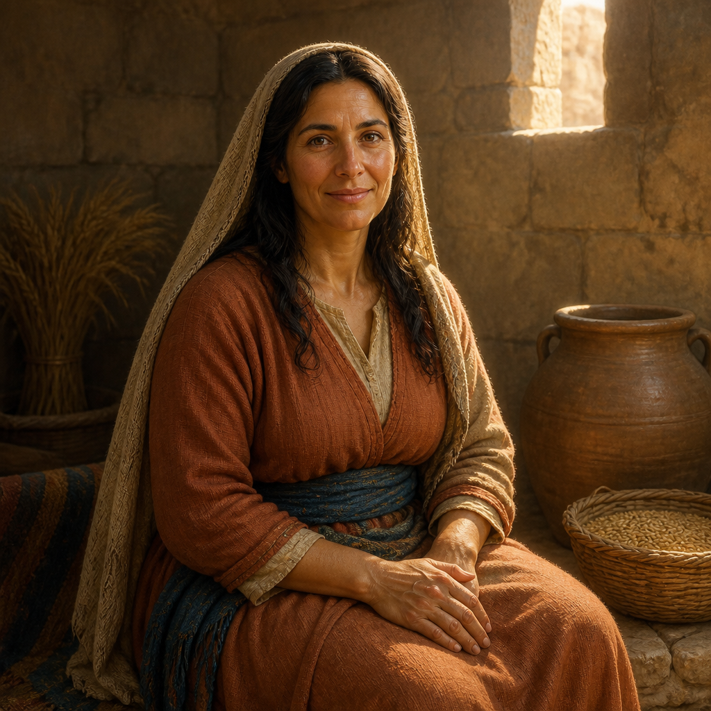 Oil-painting style portrait of Naarah, Wife of Ashhur and mother of four sons in the tribe of Judah