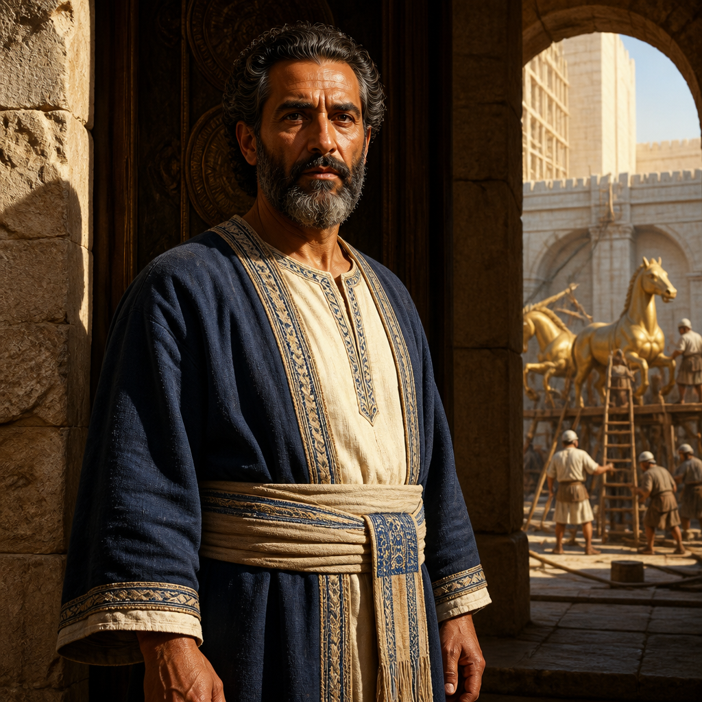 Oil-painting style portrait of Nathan-melech, Official whose Temple chamber was near the horses dedicated to the sun