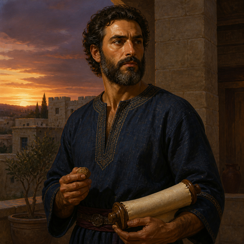 Oil-painting style portrait of Neariah, Son of Shemaiah, Descendant of the Davidic line and father of Elioenai, Hizkiah, and Azrikam