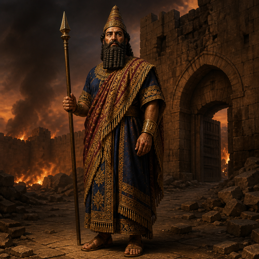 Oil-painting style portrait of Nebushazban, Babylonian official present at the destruction of Jerusalem in 586 BC