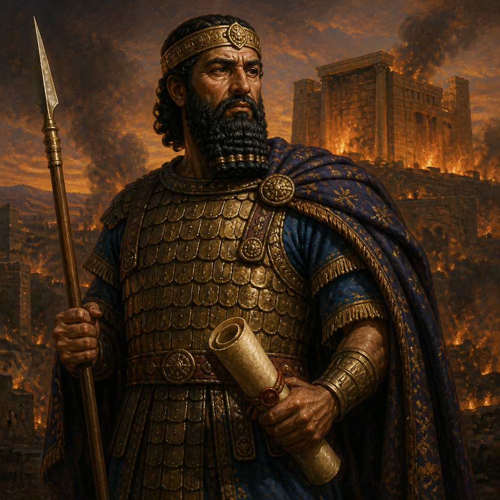 Oil-painting style portrait of Nebuzaradan, Babylonian commander who oversaw the destruction of Jerusalem and the Temple