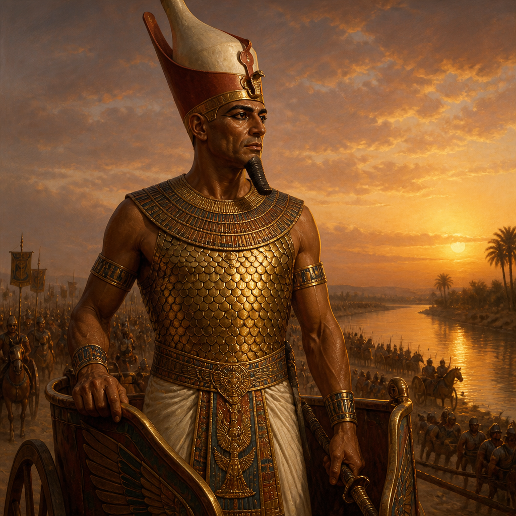 Oil-painting style portrait of Neco, Pharaoh who killed King Josiah and conquered Judah before being defeated by Babylon