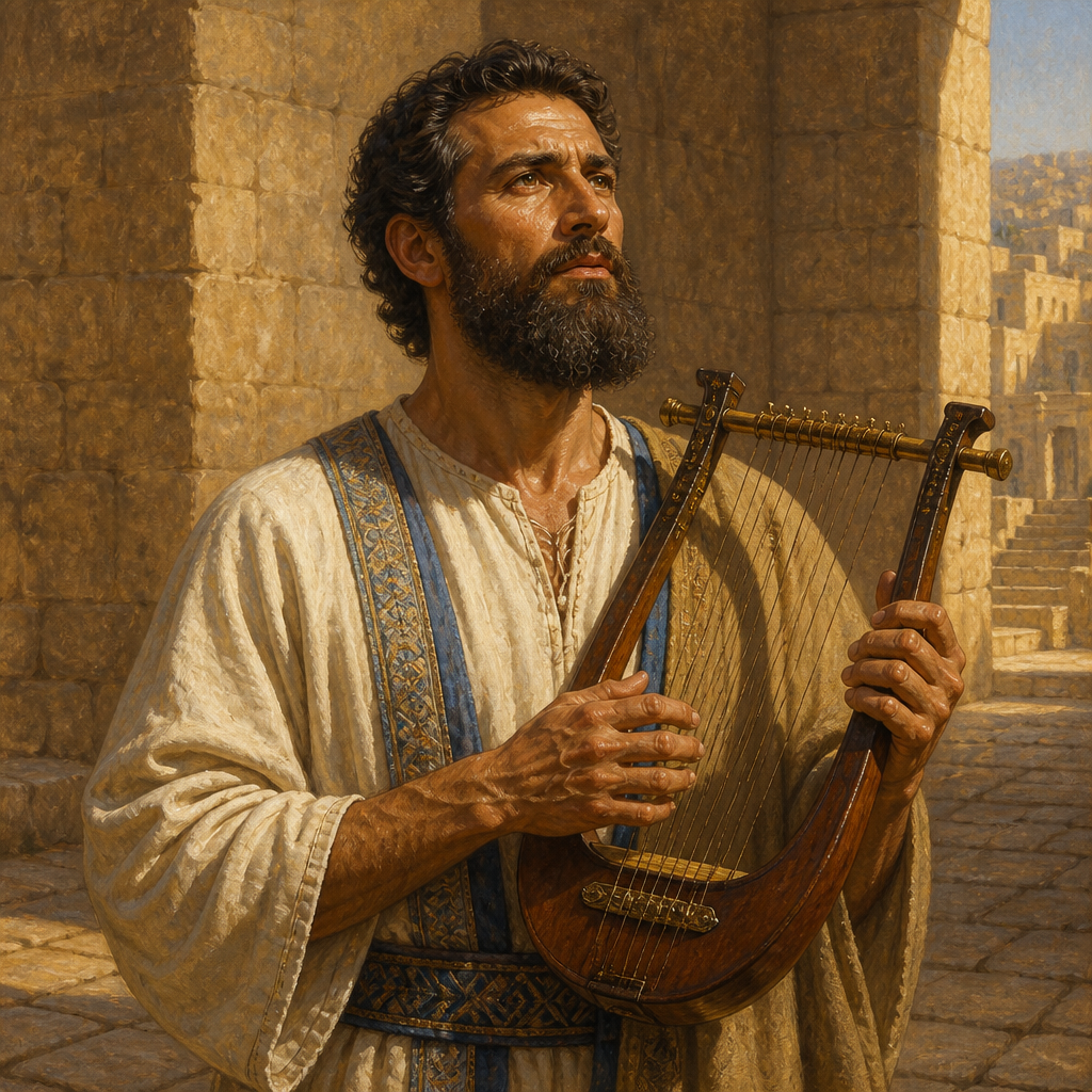 Oil-painting style portrait of Nethaniah, Son of Asaph, Levite musician who led the fifth division of singers in the house of the Lord