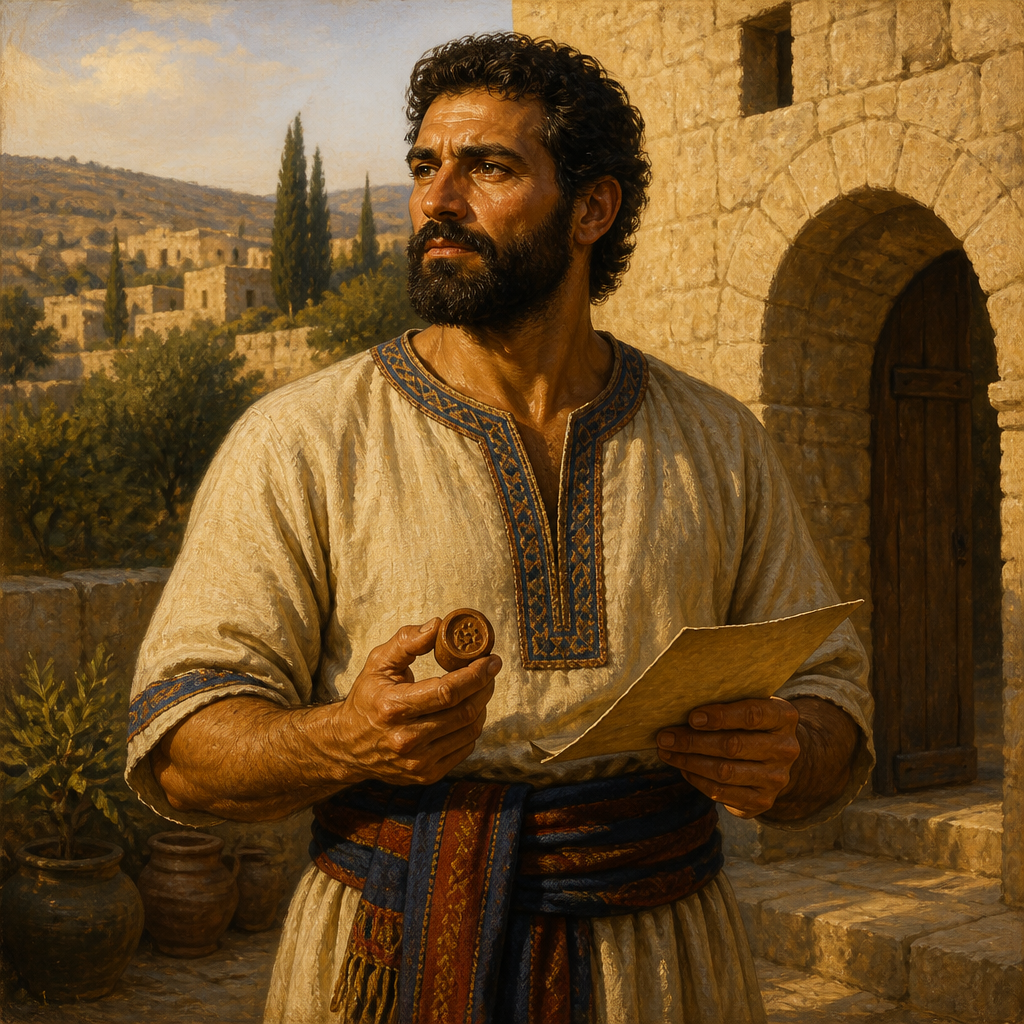 Oil-painting style portrait of Obadiah, Son of Azel, Benjamite descendant of King Saul and one of the six sons of Azel