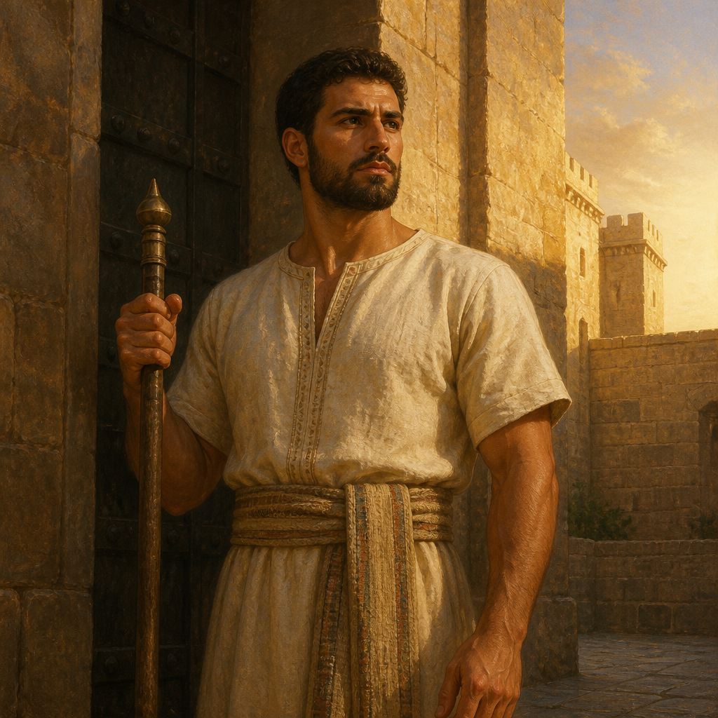 Oil-painting style portrait of Obed, Son of Shemaiah, Levite gatekeeper and son of Shemaiah noted for being a capable man of strength