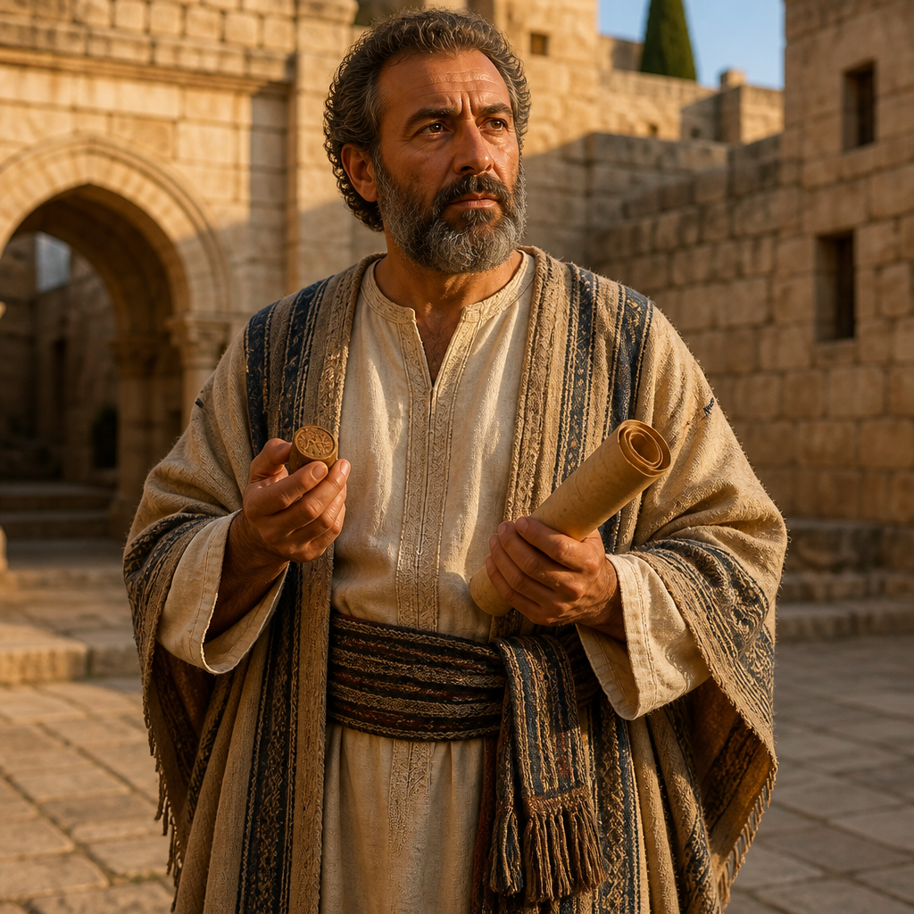 Oil-painting style portrait of Penuel, Son of Shashak, Benjamite leader and son of Shashak mentioned in the genealogies of Jerusalem