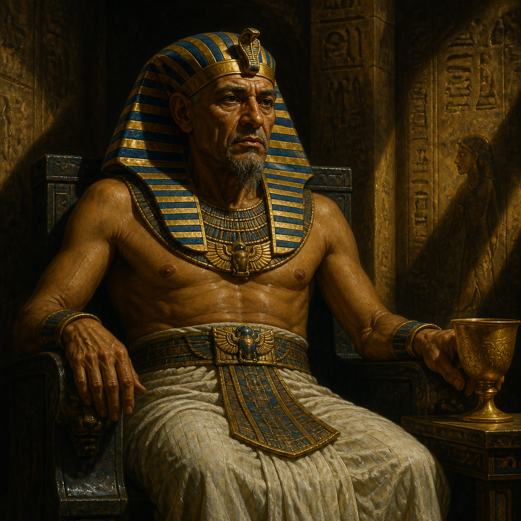 Oil-painting style portrait of Pharaoh, Subject of Divine Judgment, Egyptian monarch listed among the nations destined to drink the cup of God's wrath in Jeremiah's prophecy