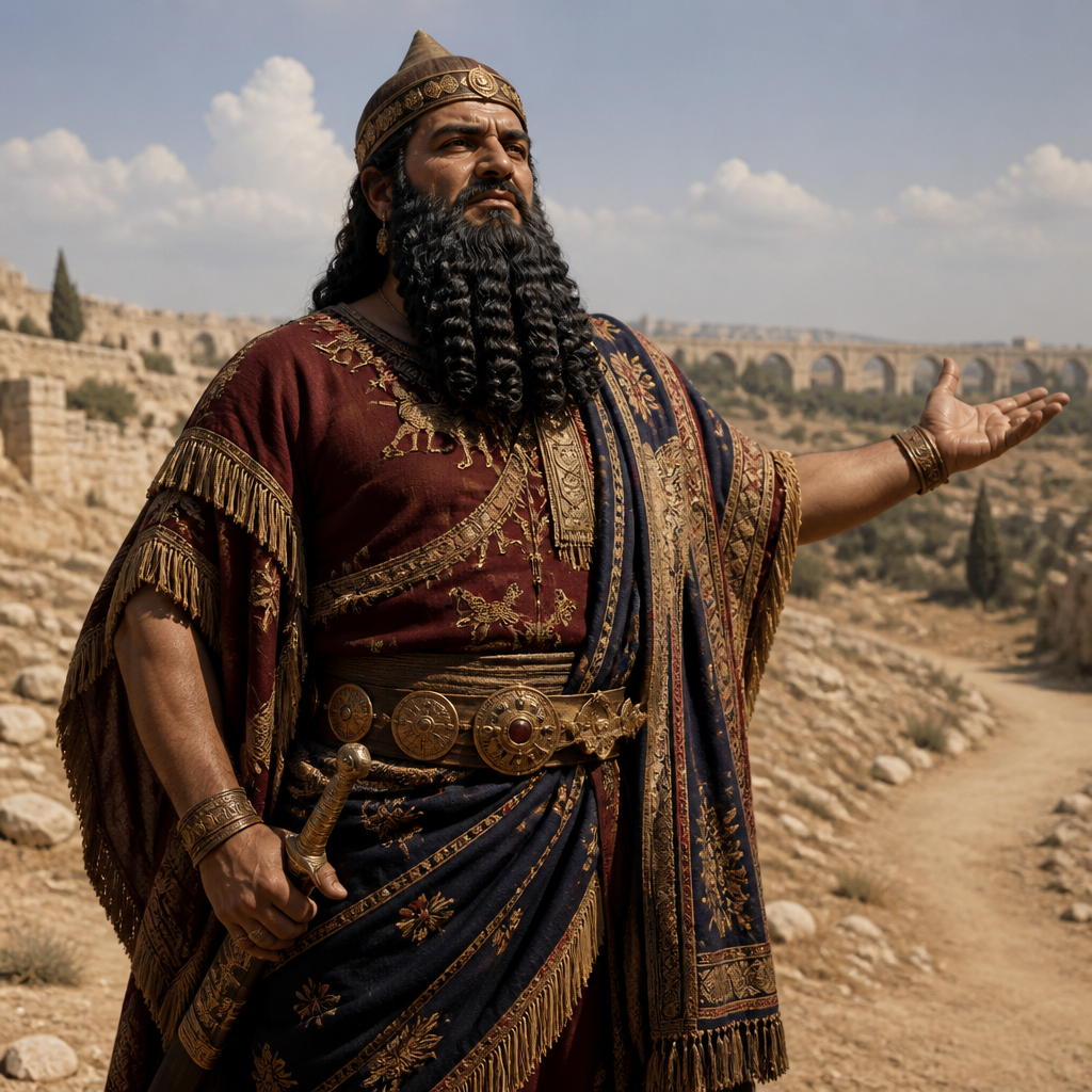 Oil-painting style portrait of Rabshakeh, Assyrian official who mocked King Hezekiah and defied God during the siege of Jerusalem