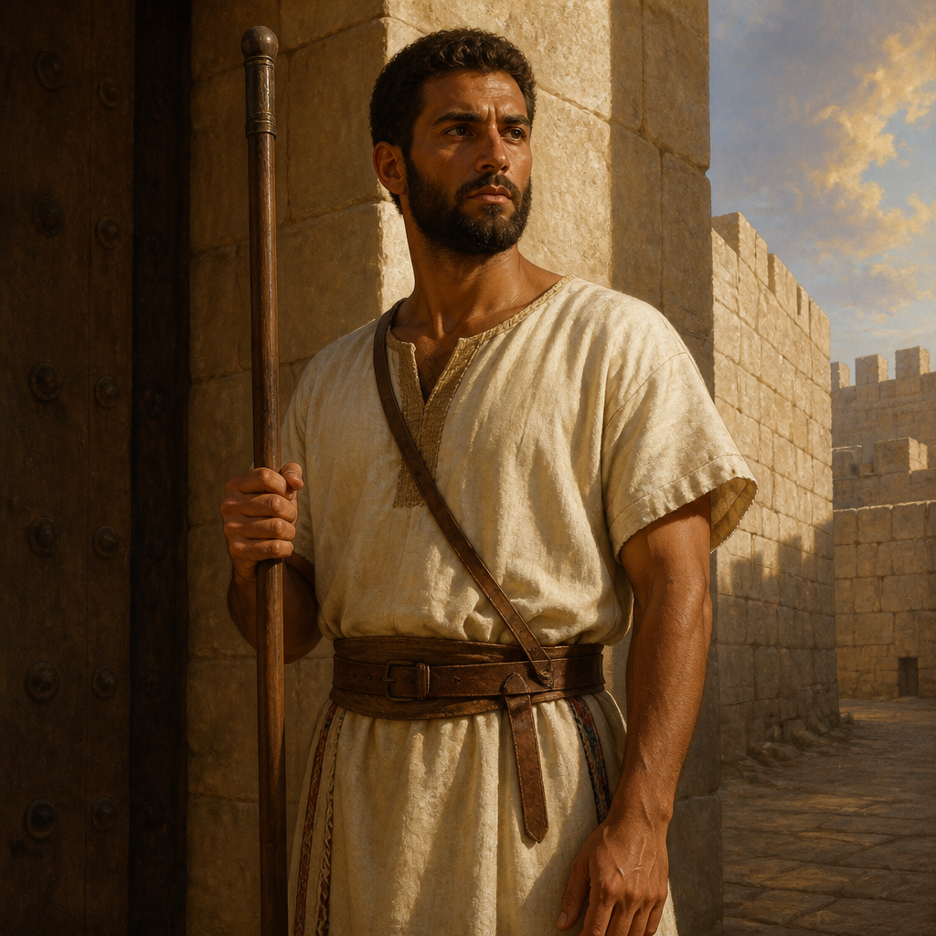 Oil-painting style portrait of Rephael, Levite gatekeeper and son of Shemaiah noted for his capability and strength in Temple service
