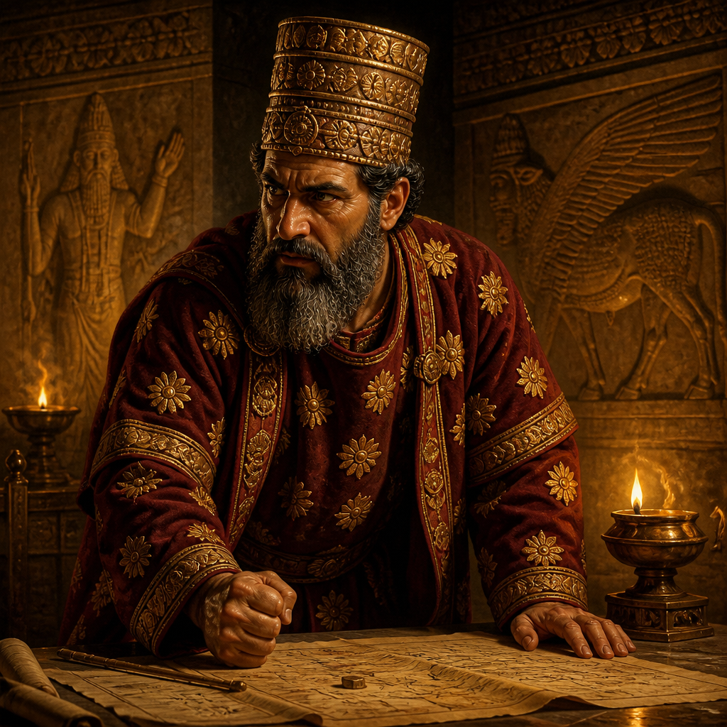 Oil-painting style portrait of Rezin, King of Aram, King of Aram who besieged Jerusalem and was killed by the Assyrians