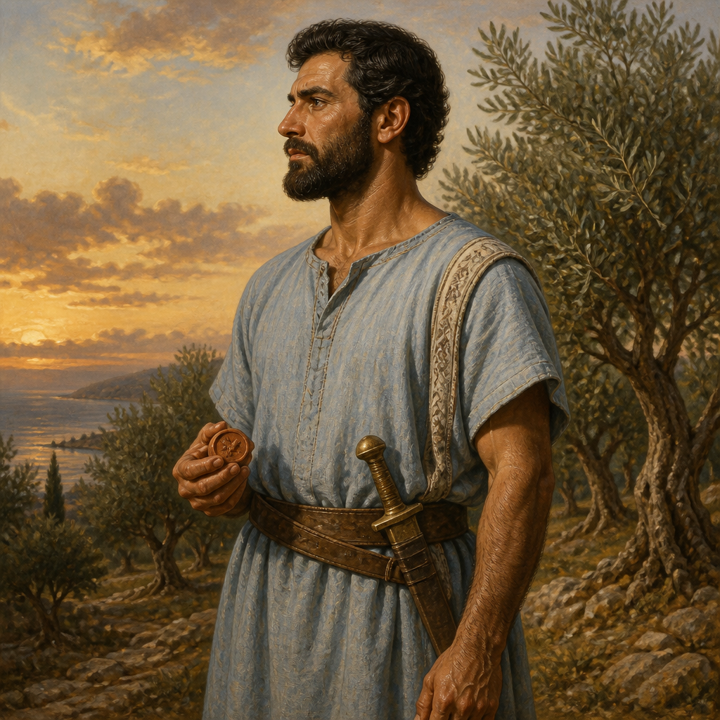 Oil-painting style portrait of Rizia, Son of Ulla and a descendant of the Tribe of Asher mentioned in the genealogies of Chronicles
