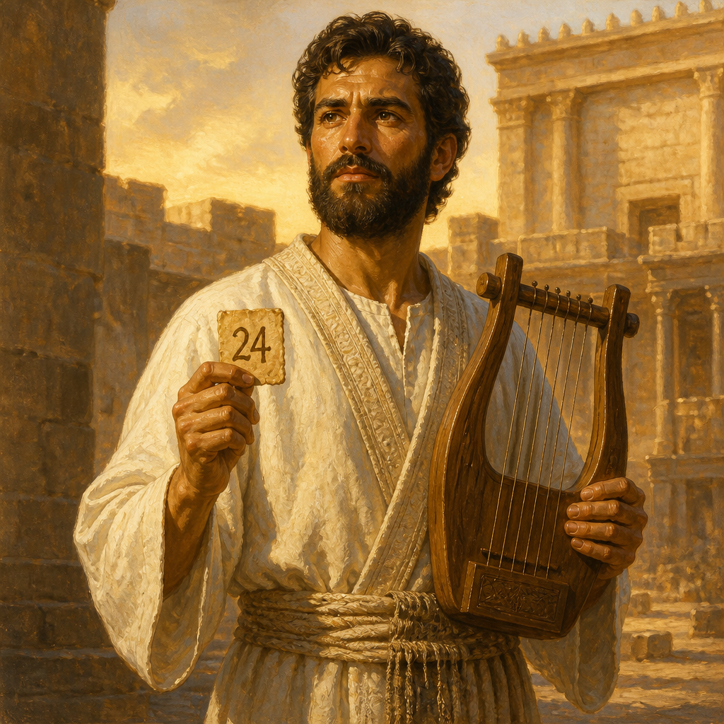 Oil-painting style portrait of Romamti-ezer, Levite musician who led the twenty-fourth division of singers in the house of the LORD