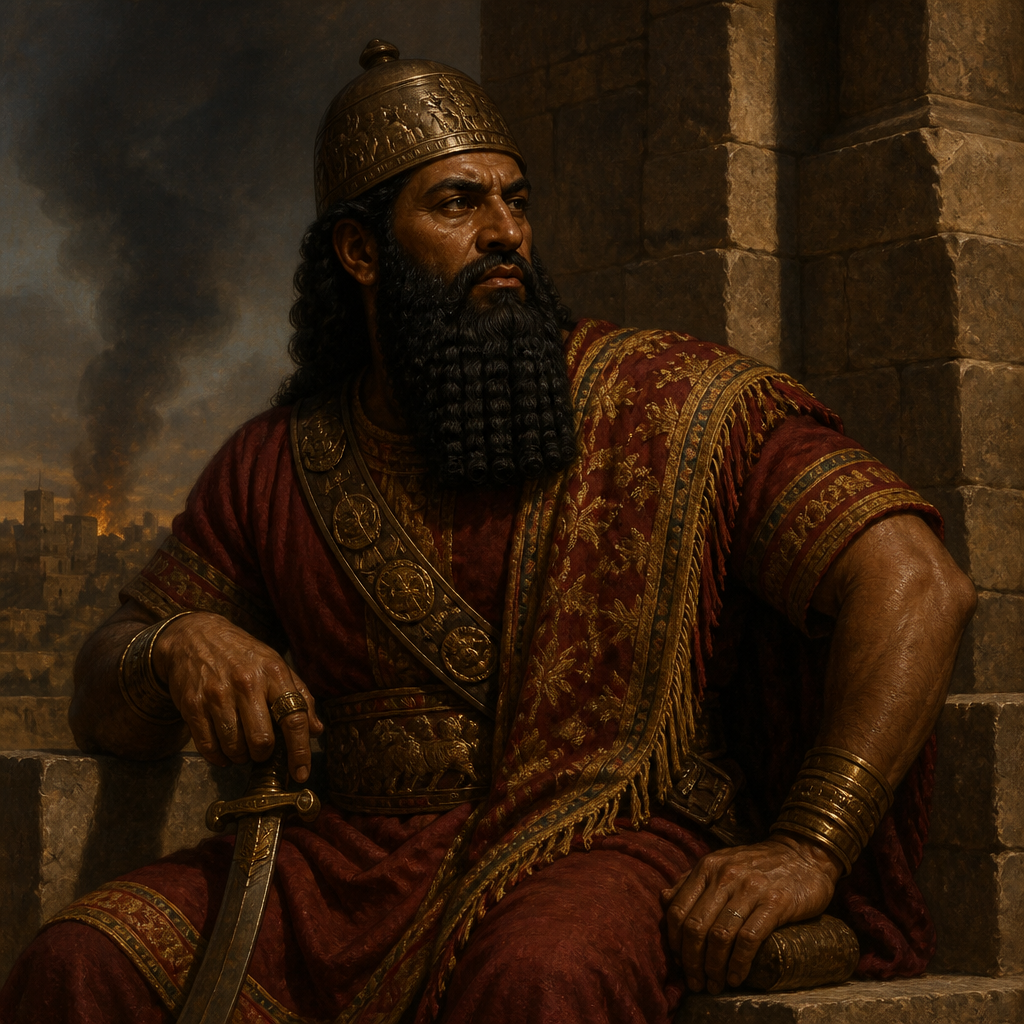 Oil-painting style portrait of Samgar, Babylonian prince who occupied Jerusalem's Middle Gate during the city's fall