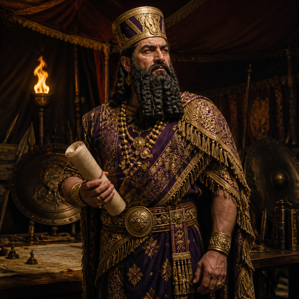 Oil-painting style portrait of Sennacherib, King of Assyria who invaded Judah and was defeated by divine intervention before Jerusalem