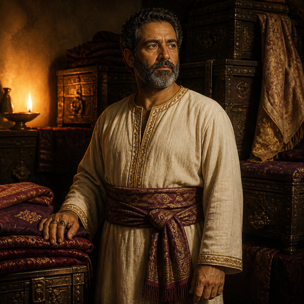 Oil-painting style portrait of Shallum, Keeper of the Wardrobe, husband of Huldah the prophetess and keeper of the royal wardrobe