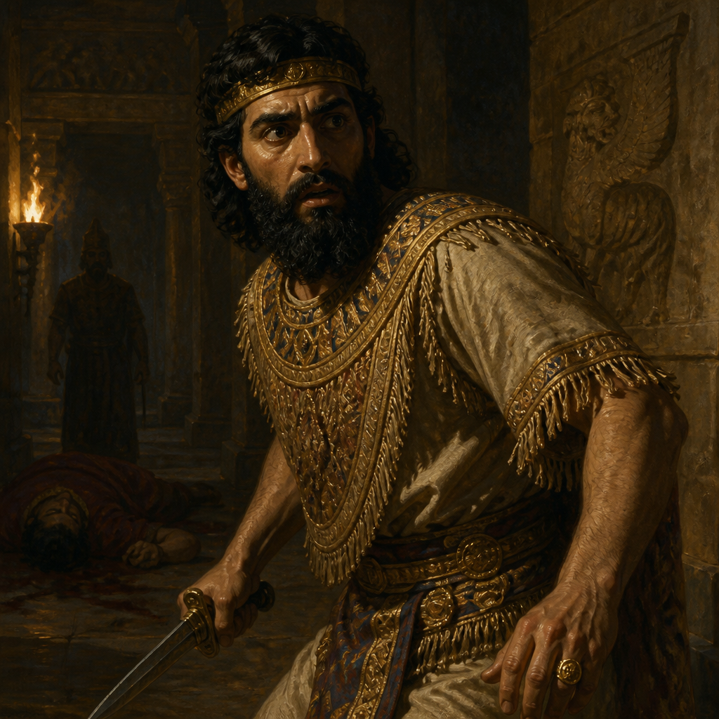 Oil-painting style portrait of Sharezer, Son of Sennacherib, Assyrian prince who assassinated his father King Sennacherib