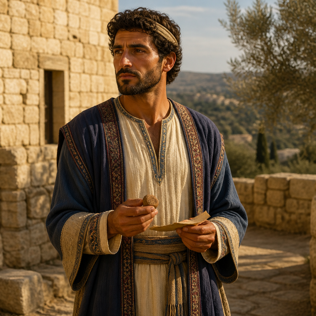 Oil-painting style portrait of Sheariah, Son of Azel and descendant of King Saul listed in the Benjamite genealogies