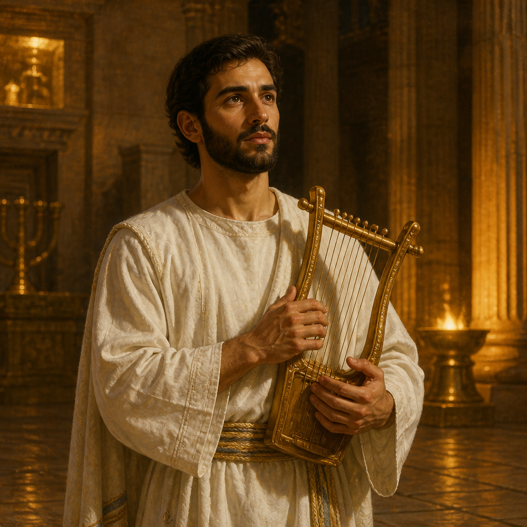 Oil-painting style portrait of Shebuel, Son of Heman the Singer, Levite musician who led the thirteenth division of singers in the temple