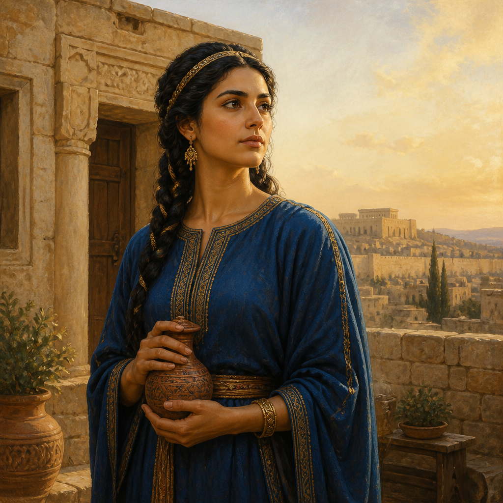 Oil-painting style portrait of Shelomith, Daughter of Zerubbabel, Daughter of Zerubbabel and descendant of the royal house of David