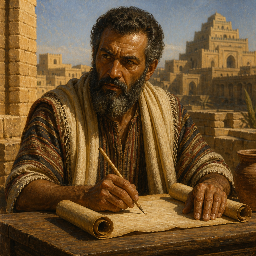 Oil-painting style portrait of Shemaiah the Nehelamite, Prophet who opposed Jeremiah by writing letters from Babylon