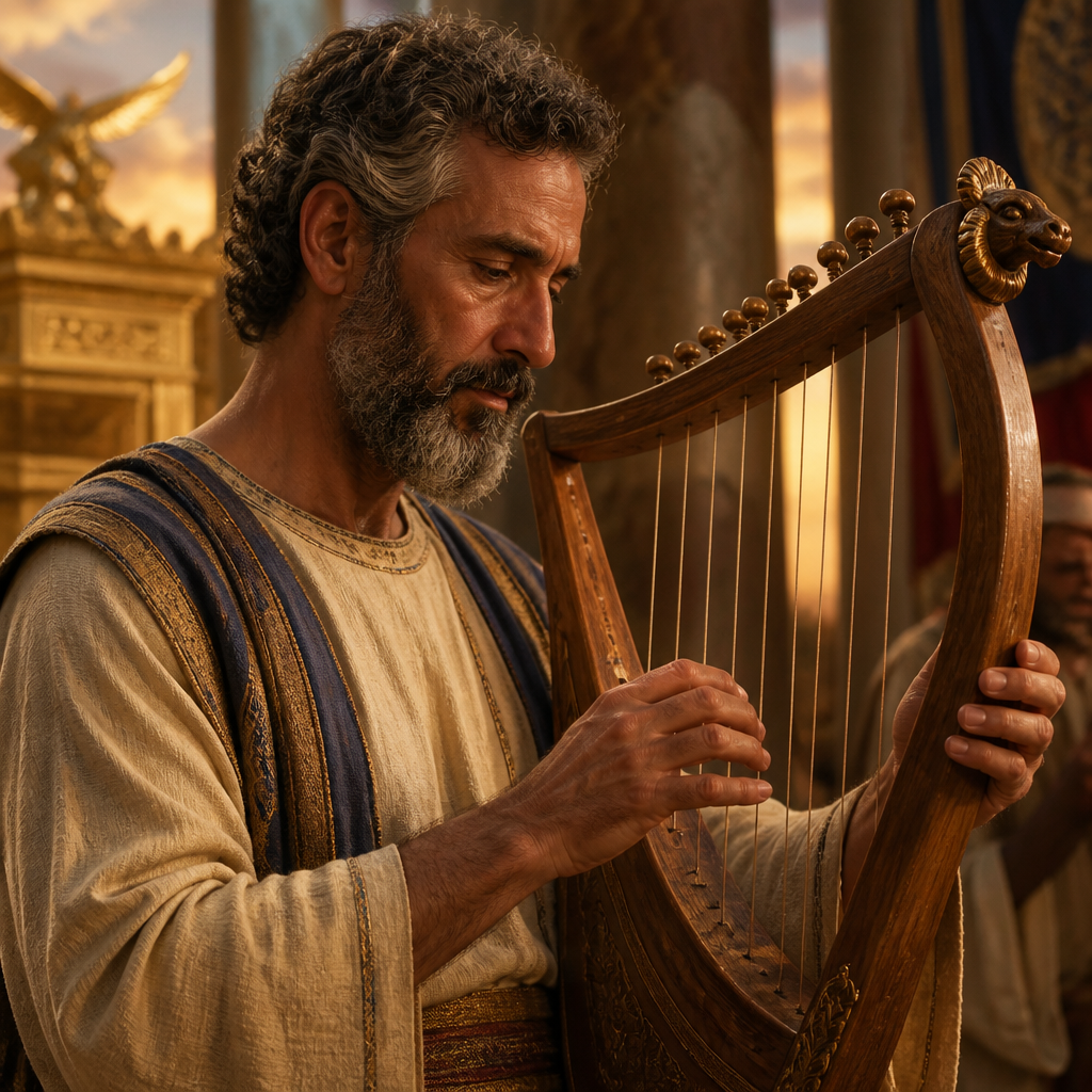 Oil-painting style portrait of Shemiramoth, Musician of the Divided Monarchy, Levite musician who played the harp during the return of the Ark of the Covenant
