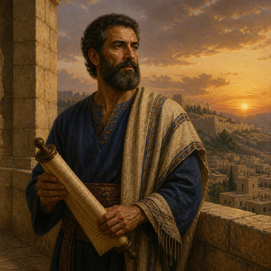 Oil-painting style portrait of Shimeah, Benjaminite of the Divided Monarchy, Benjaminite leader who lived in Jerusalem with his relatives during the Divided Monarchy