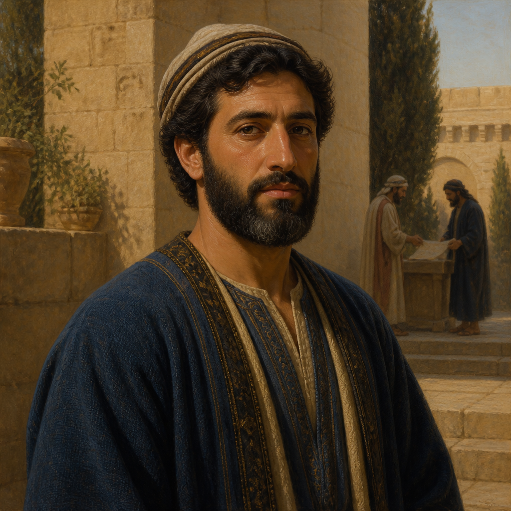 Oil-painting style portrait of Shimei, Sibling of Zerubbabel, brother of Zerubbabel and son of Pedaiah in the Davidic genealogy