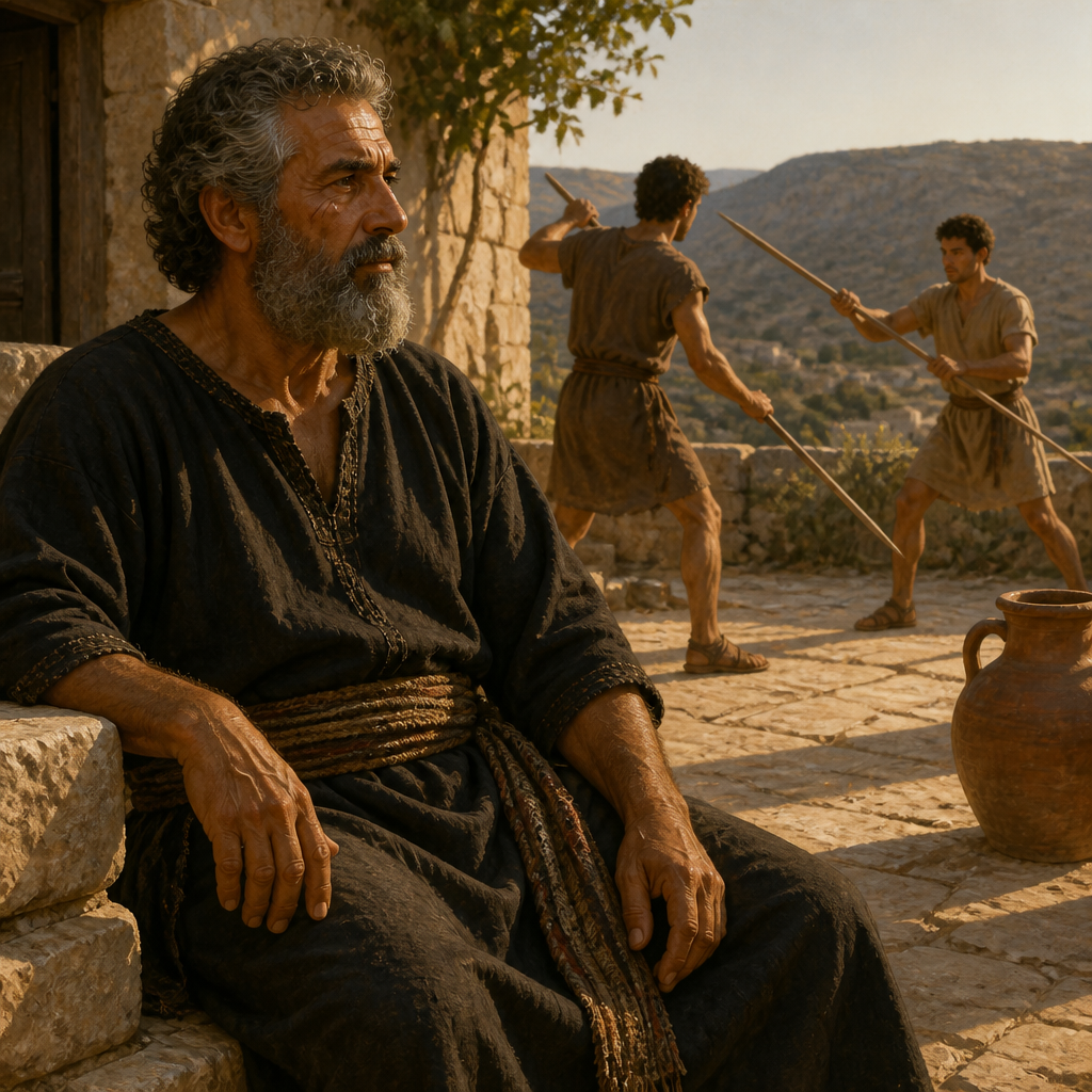 Oil-painting style scene of Shimri, Father of Jediael, figures from the Bible