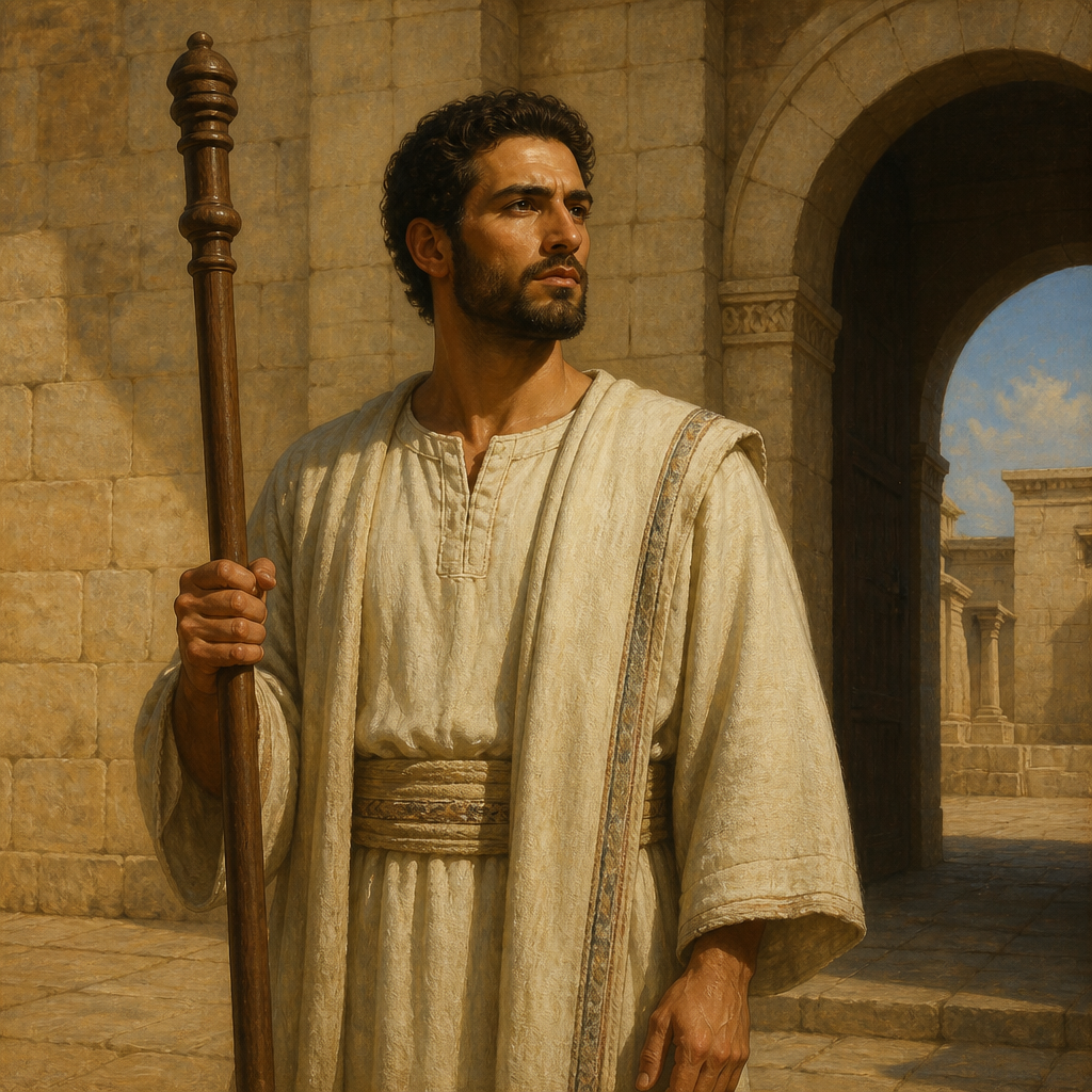 Oil-painting style portrait of Shimri, Son of Hosah, Levite gatekeeper appointed as head of his family despite not being the firstborn