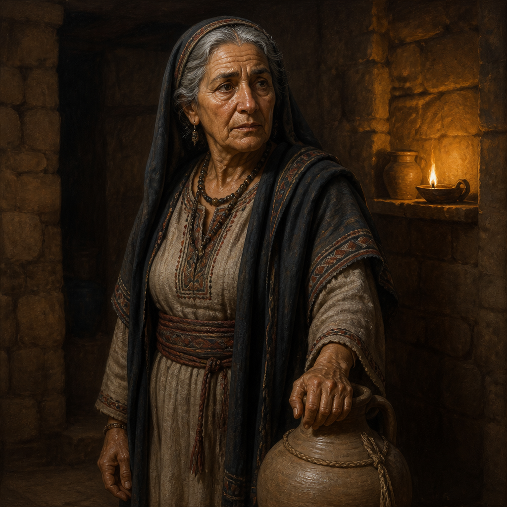 Oil-painting style portrait of Shomer, Mother of Jehozabad, Moabite mother of Jehozabad who conspired against King Joash